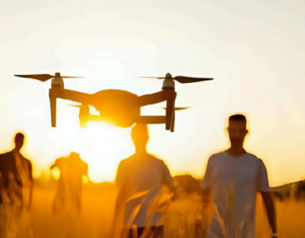 คนสองคนถือโดรนพร้อมพระอาทิตย์ขึ้น